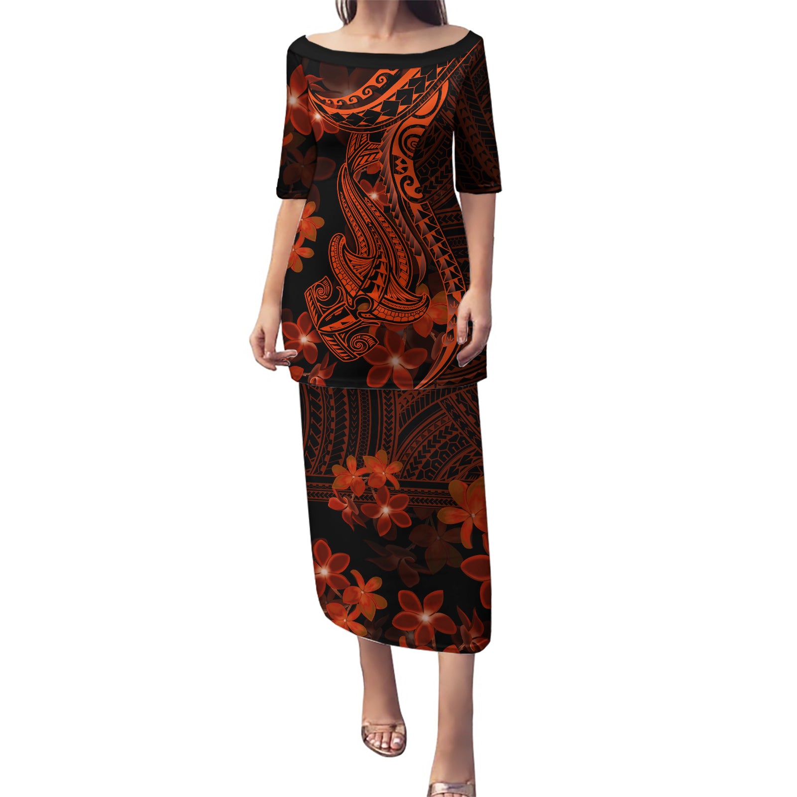 Red Polynesia Puletasi Shark Tattoo With Polynesian Plumeria LT14 Long Dress Red - Polynesian Pride