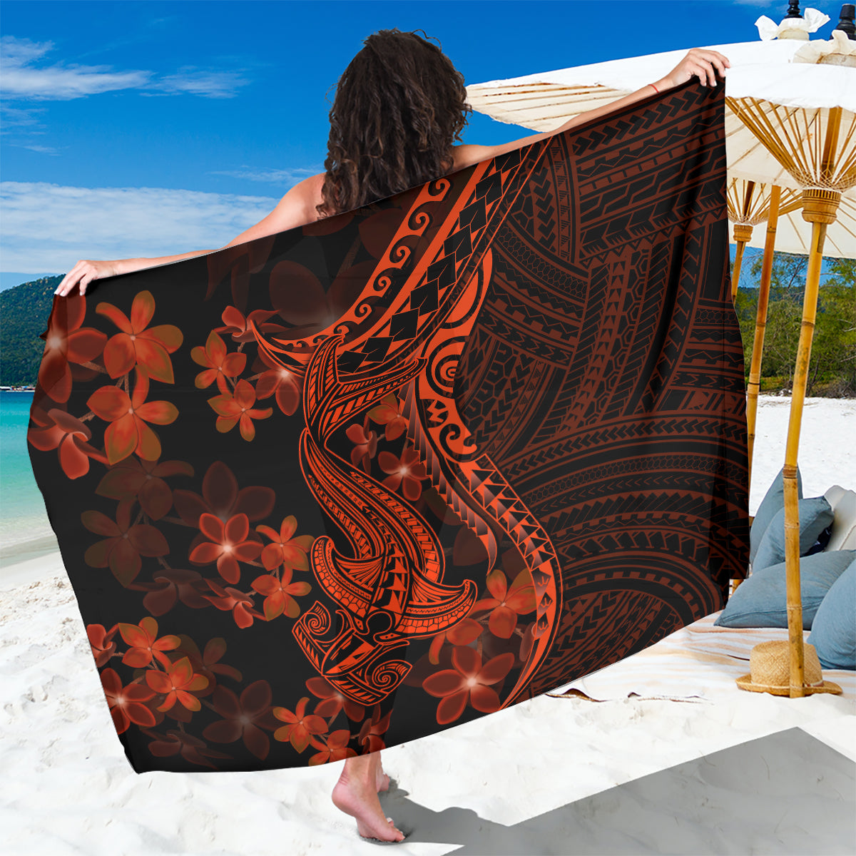 Red Polynesia Sarong Shark Tattoo With Polynesian Plumeria LT14 One Size 44 x 66 inches Red - Polynesian Pride