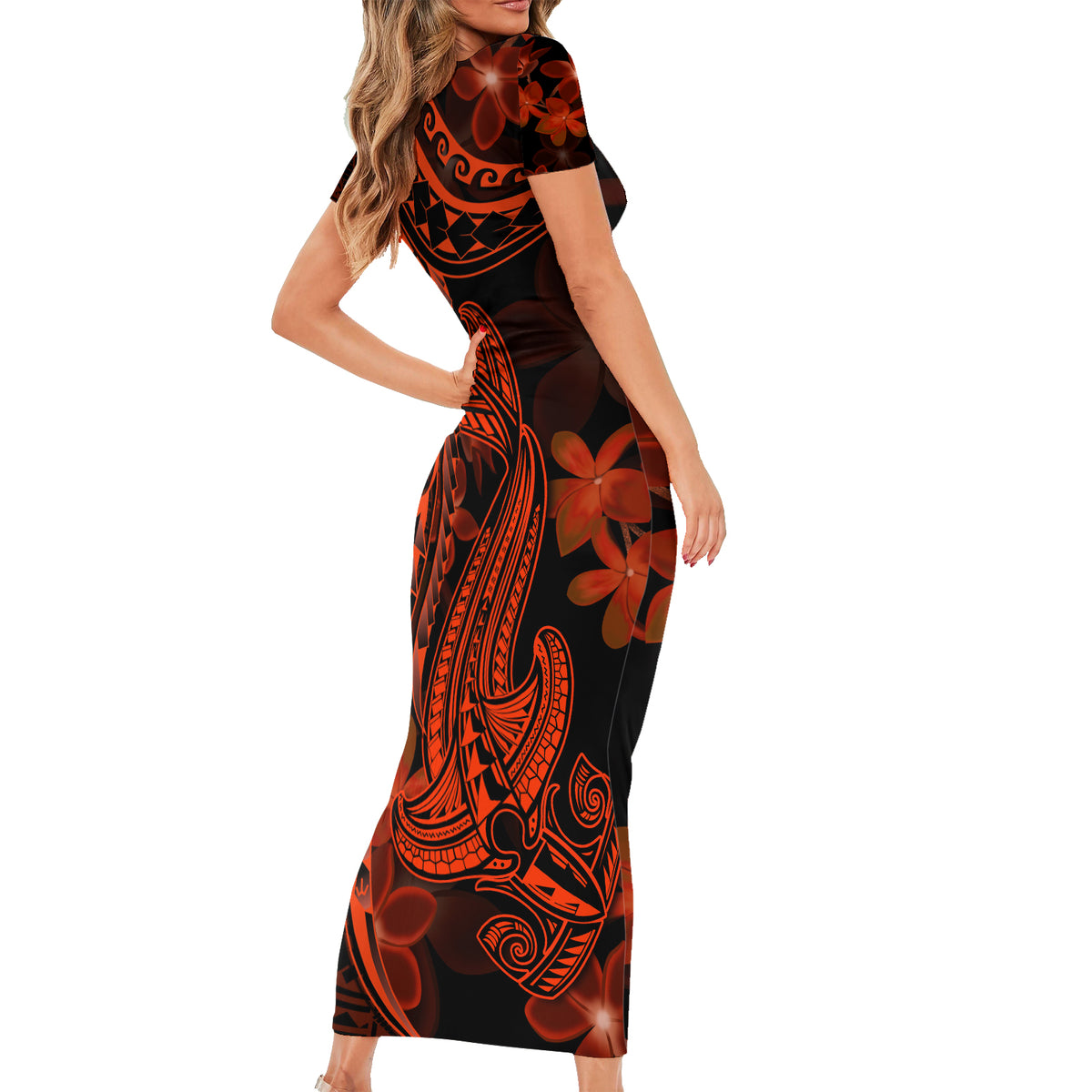 Red Polynesia Short Sleeve Bodycon Dress Shark Tattoo With Polynesian Plumeria LT14 - Polynesian Pride