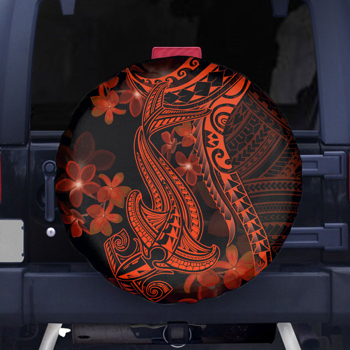 Red Polynesia Spare Tire Cover Shark Tattoo With Polynesian Plumeria LT14 Red - Polynesian Pride