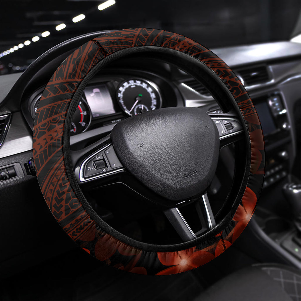 Red Polynesia Steering Wheel Cover Shark Tattoo With Polynesian Plumeria LT14 Universal Fit Red - Polynesian Pride