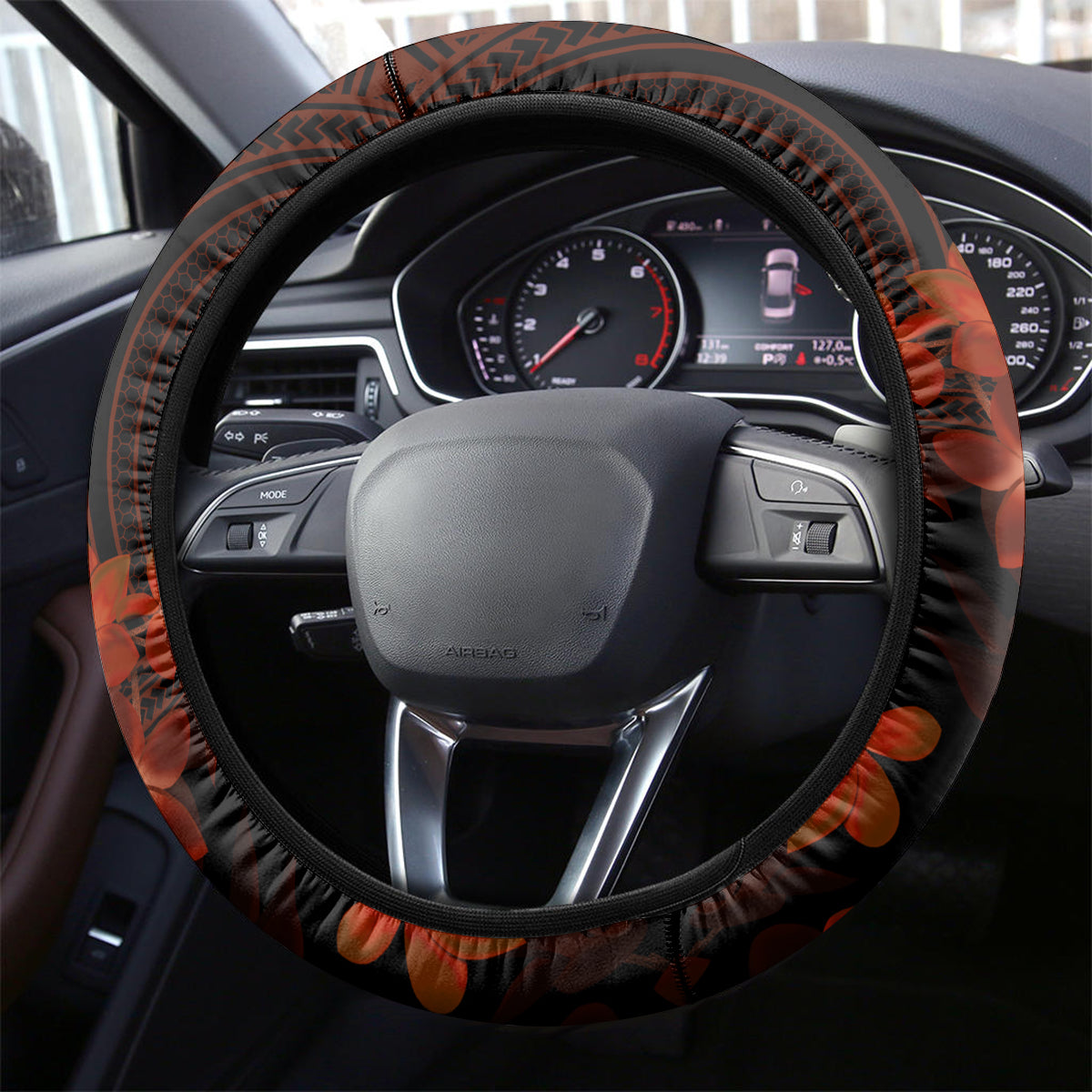 Red Polynesia Steering Wheel Cover Shark Tattoo With Polynesian Plumeria LT14 - Polynesian Pride