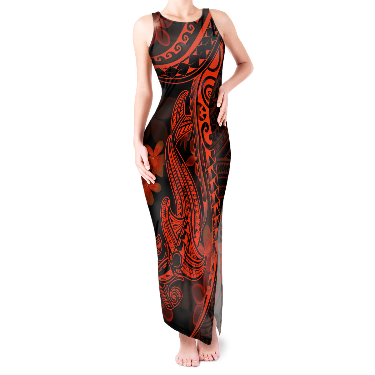 Red Polynesia Tank Maxi Dress Shark Tattoo With Polynesian Plumeria LT14 Women Red - Polynesian Pride