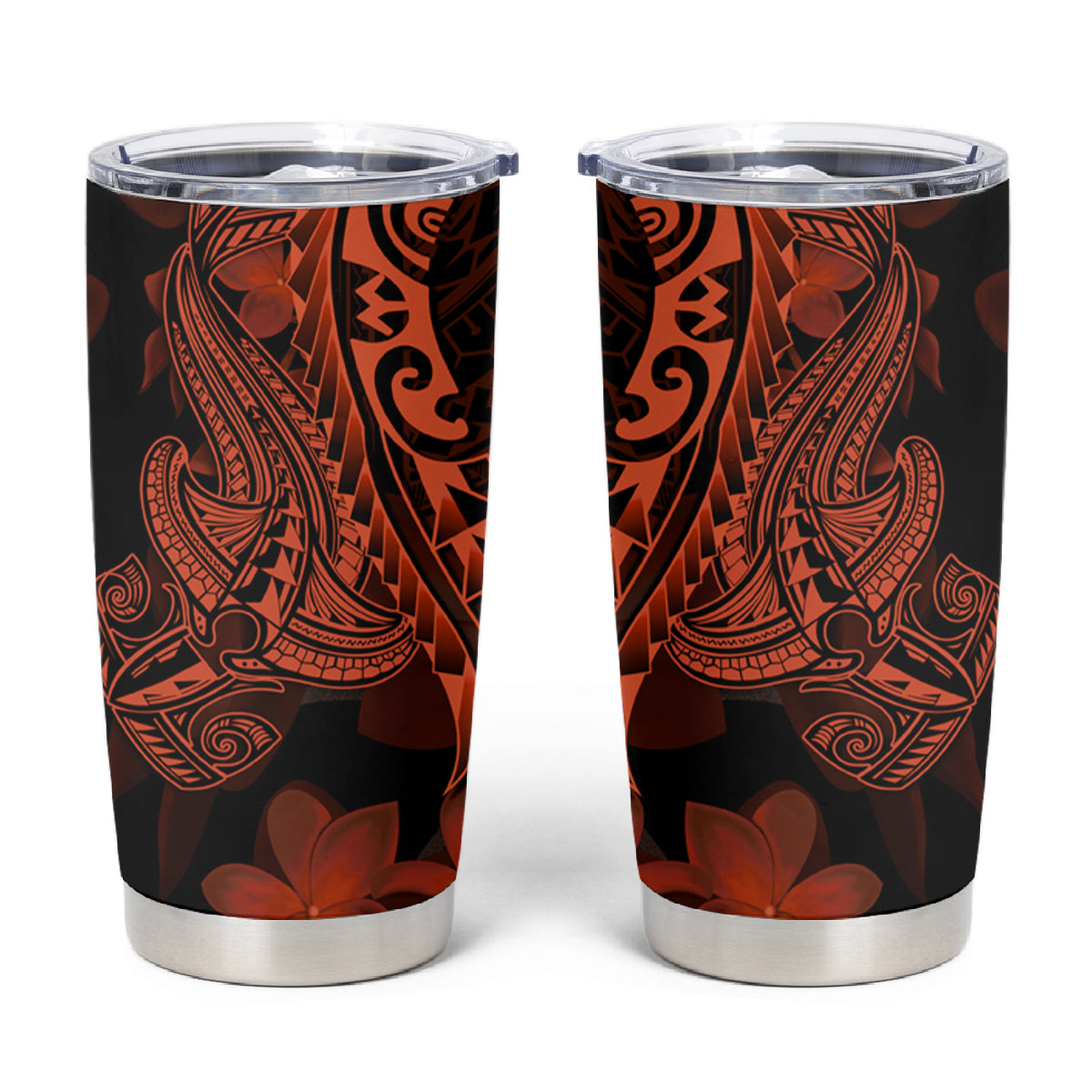 Red Polynesia Tumbler Cup Shark Tattoo With Polynesian Plumeria