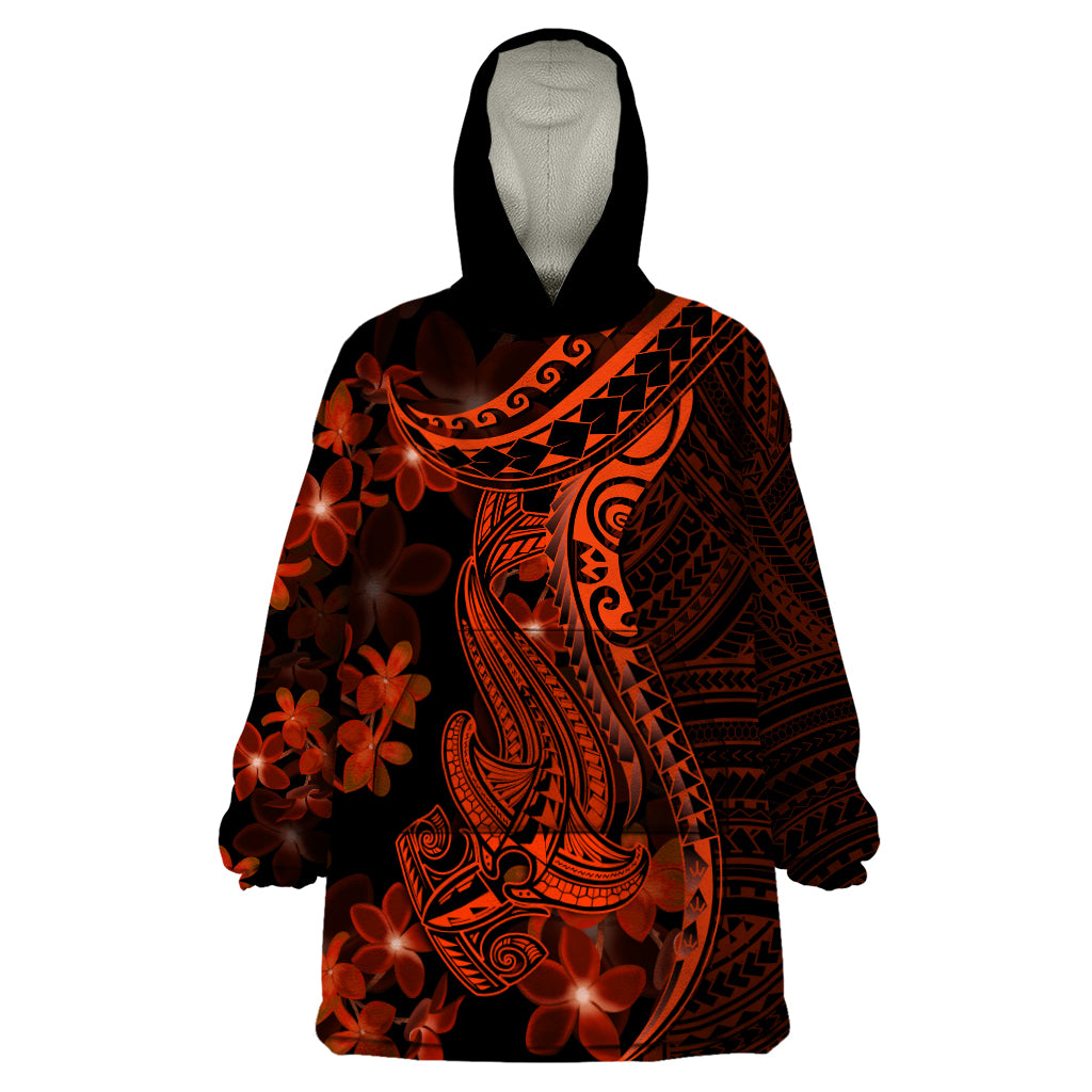 Red Polynesia Wearable Blanket Hoodie Shark Tattoo With Polynesian Plumeria LT14 One Size Red - Polynesian Pride