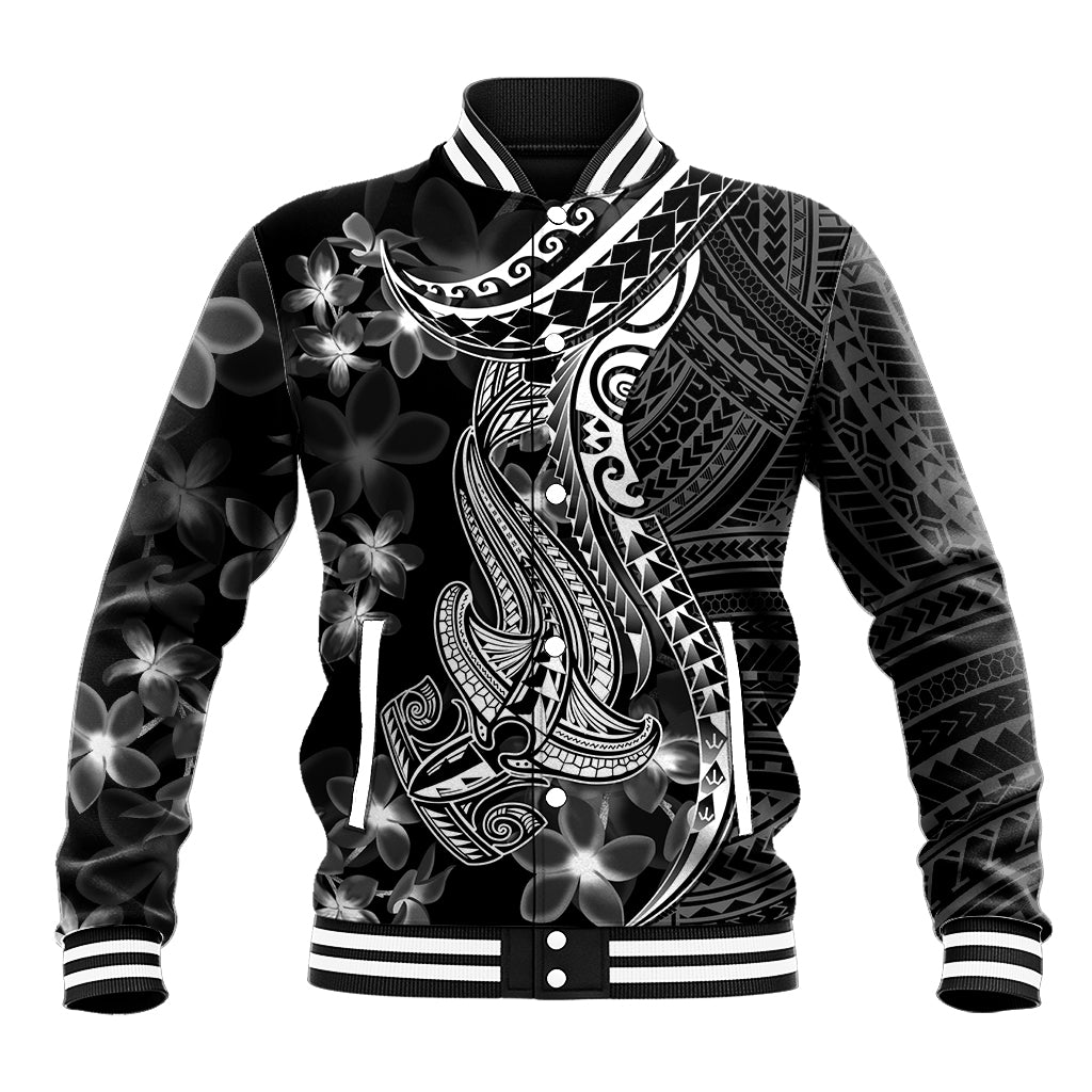 Black Polynesia Baseball Jacket Shark Tattoo With Polynesian Plumeria LT14 Unisex Black - Polynesian Pride