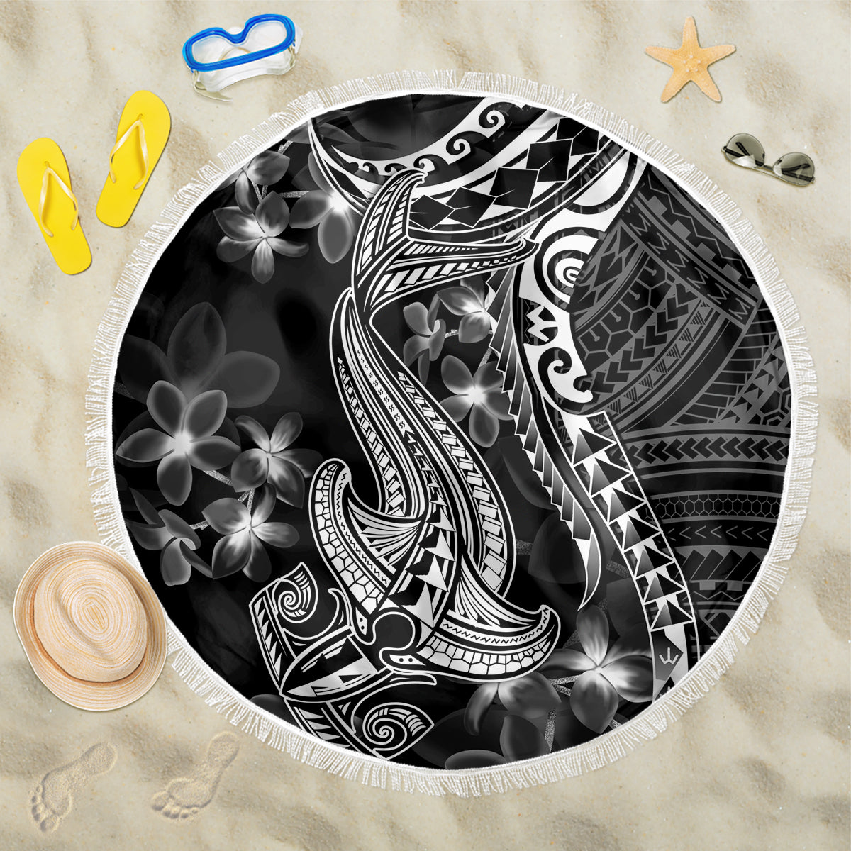 Black Polynesia Beach Blanket Shark Tattoo With Polynesian Plumeria LT14 One Size 150cm Black - Polynesian Pride