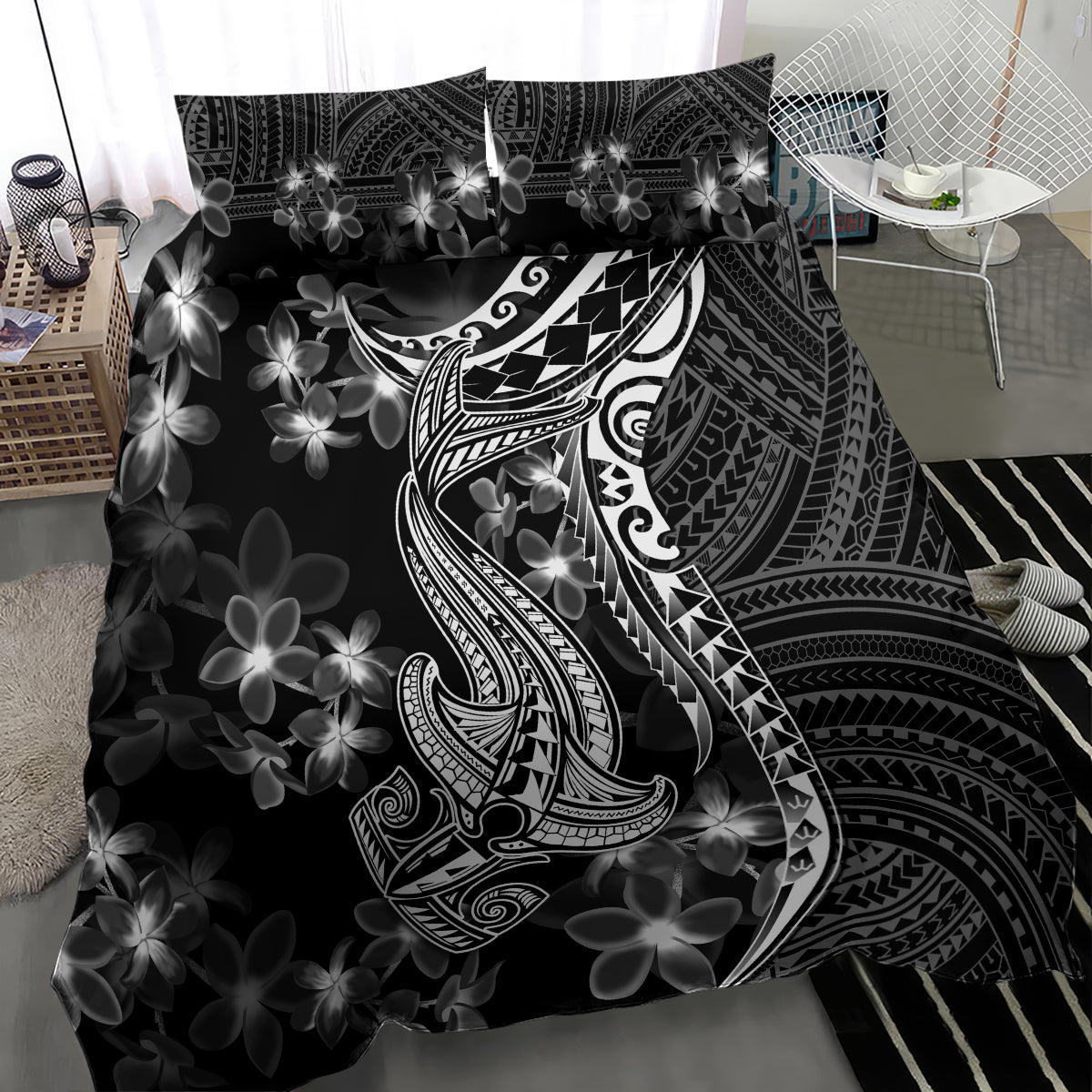 Black Polynesia Bedding Set Shark Tattoo With Polynesian Plumeria LT14 - Polynesian Pride