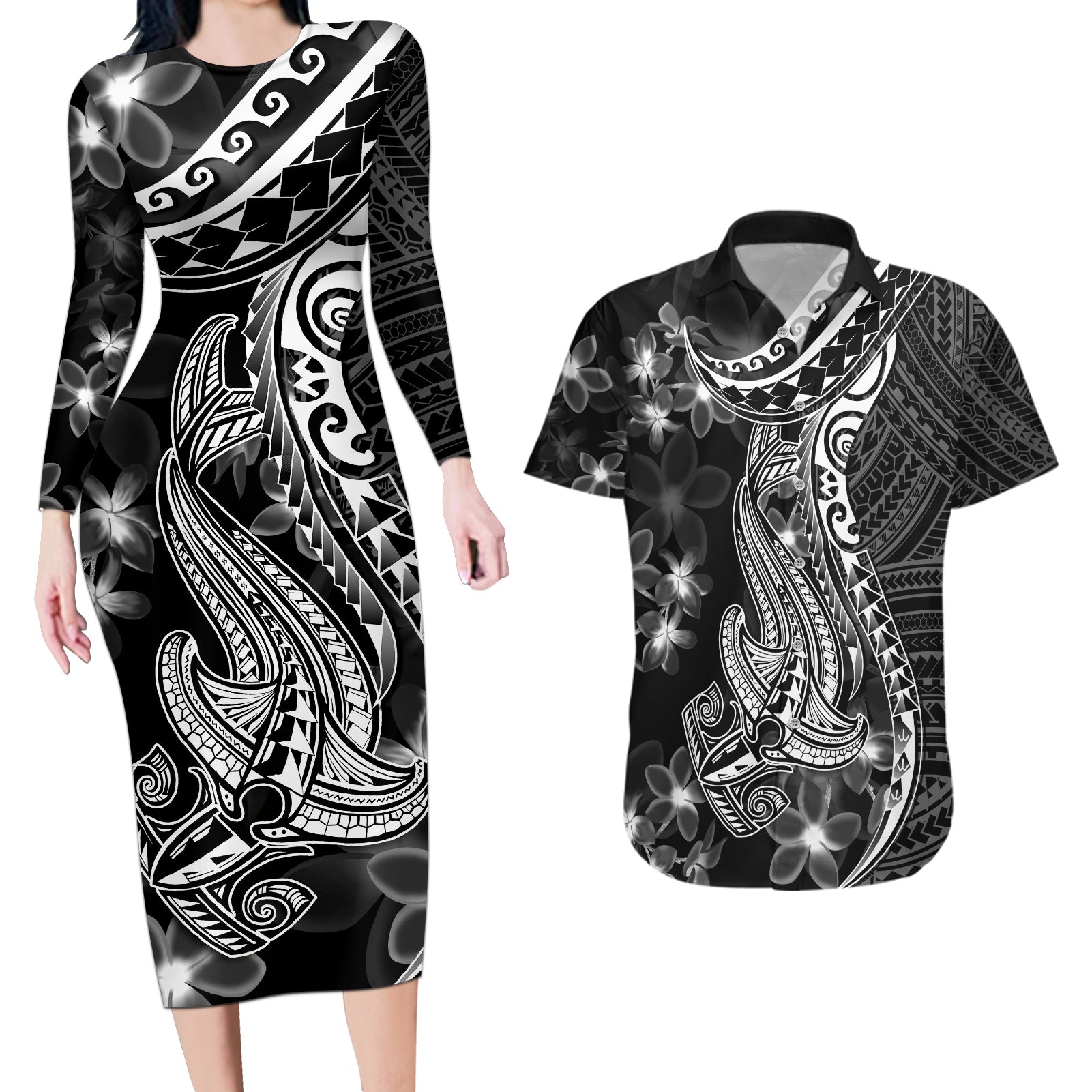 Black Polynesia Couples Matching Long Sleeve Bodycon Dress and Hawaiian Shirt Shark Tattoo With Polynesian Plumeria LT14 Black - Polynesian Pride