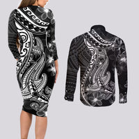 Black Polynesia Couples Matching Long Sleeve Bodycon Dress and Long Sleeve Button Shirt Shark Tattoo With Polynesian Plumeria LT14 - Polynesian Pride