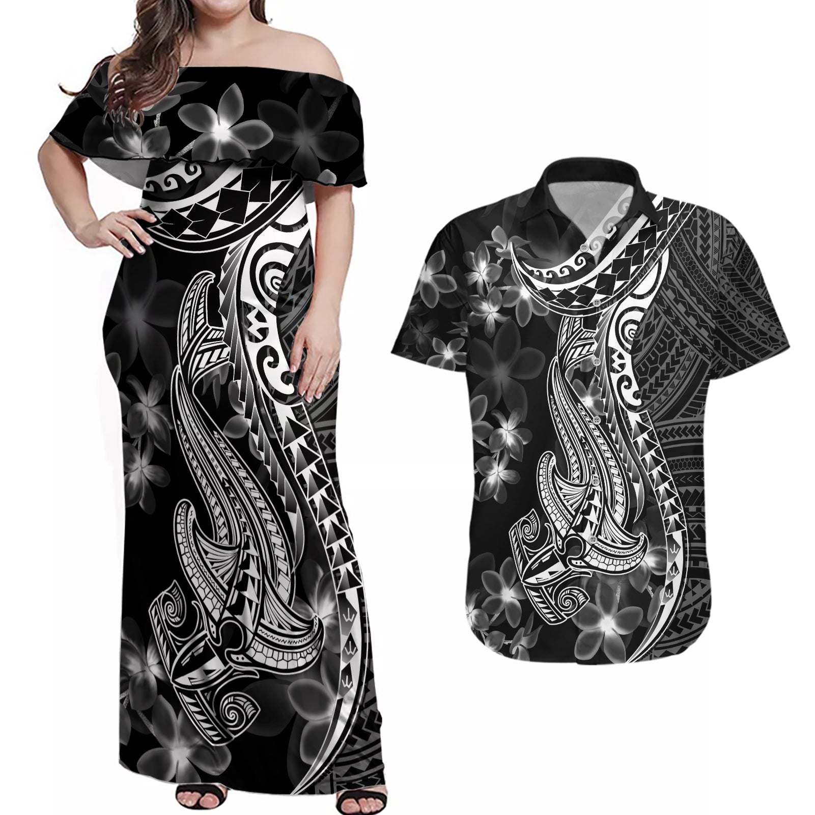 Black Polynesia Couples Matching Off Shoulder Maxi Dress and Hawaiian Shirt Shark Tattoo With Polynesian Plumeria LT14 Black - Polynesian Pride