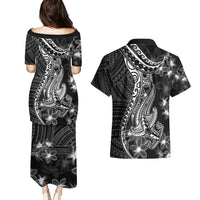 Black Polynesia Couples Matching Puletasi Dress and Hawaiian Shirt Shark Tattoo With Polynesian Plumeria LT14 - Polynesian Pride