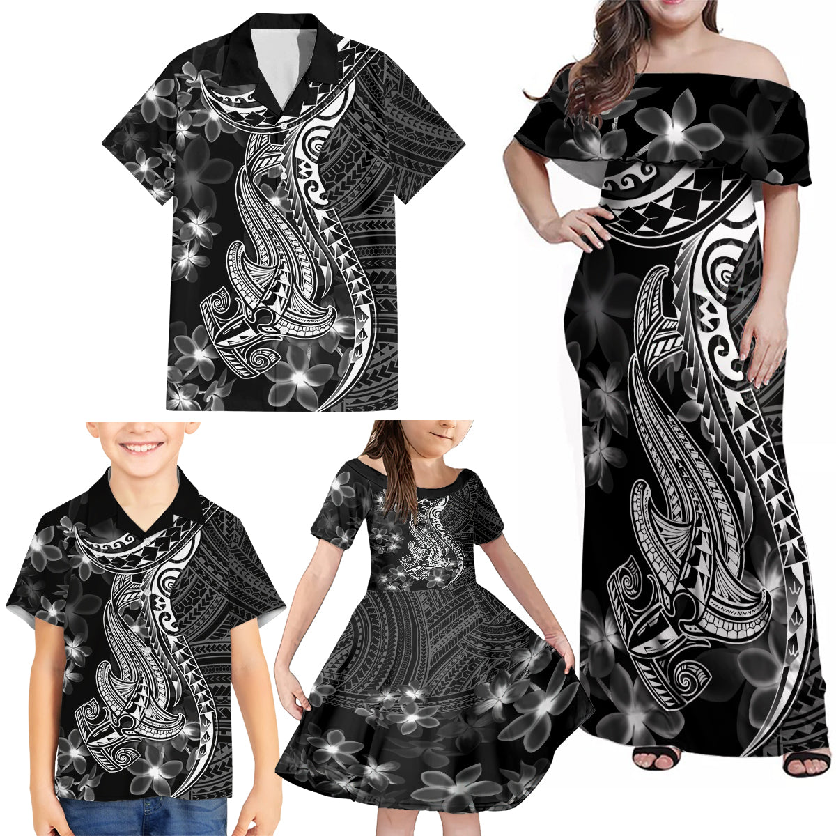 Black Polynesia Family Matching Off Shoulder Maxi Dress and Hawaiian Shirt Shark Tattoo With Polynesian Plumeria LT14 - Polynesian Pride