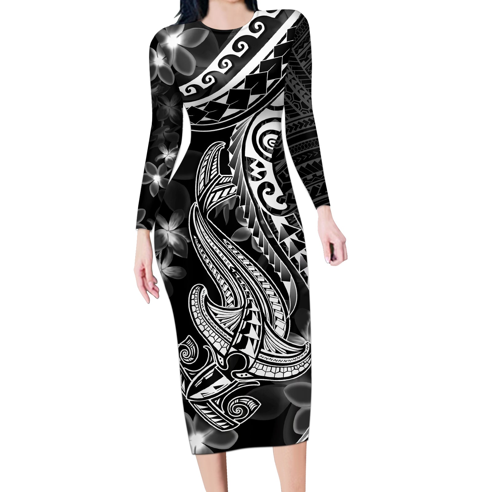 Black Polynesia Long Sleeve Bodycon Dress Shark Tattoo With Polynesian Plumeria LT14 Long Dress Black - Polynesian Pride