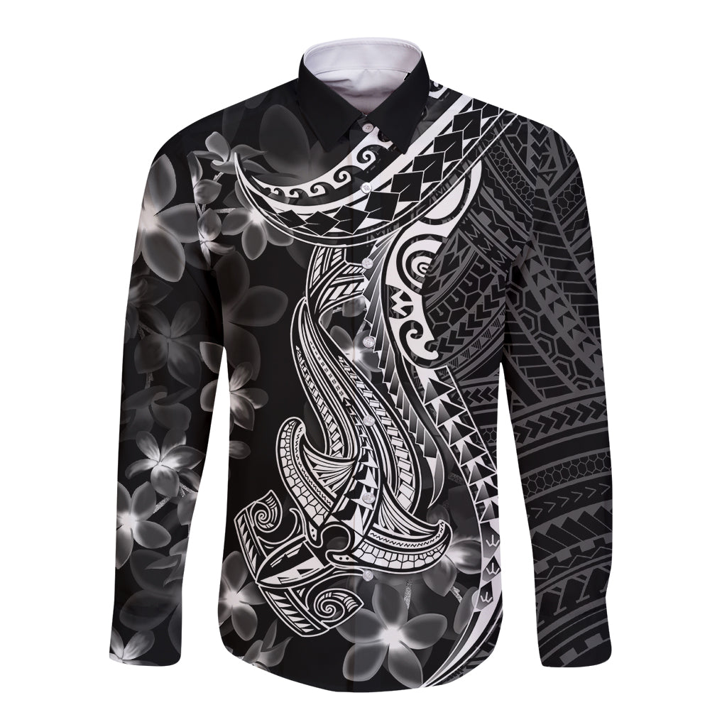 Black Polynesia Long Sleeve Button Shirt Shark Tattoo With Polynesian Plumeria LT14 Unisex Black - Polynesian Pride