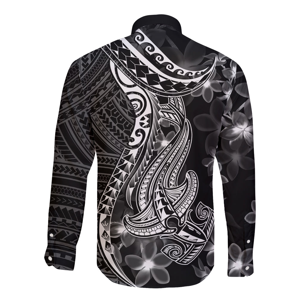 Black Polynesia Long Sleeve Button Shirt Shark Tattoo With Polynesian Plumeria LT14 - Polynesian Pride