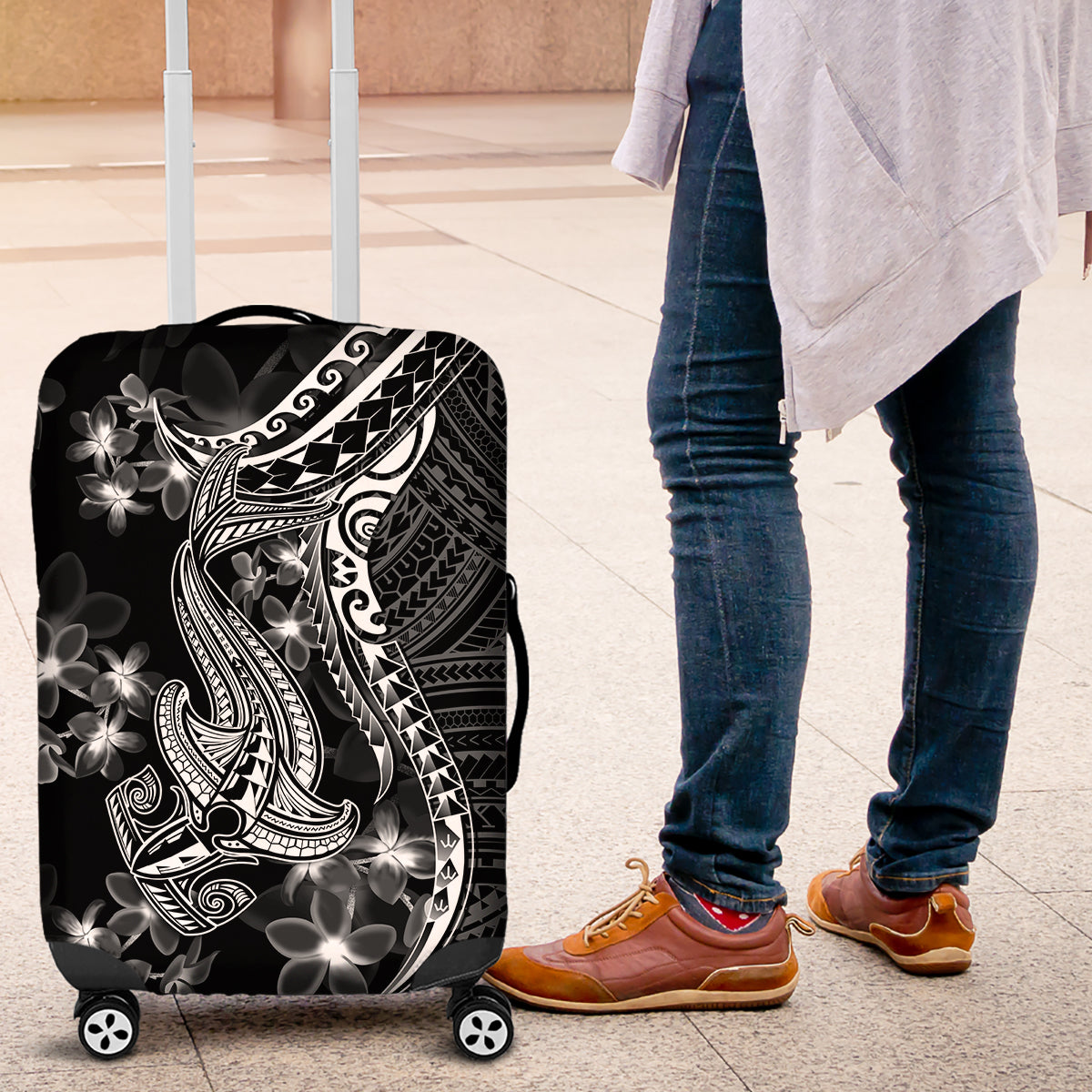Black Polynesia Luggage Cover Shark Tattoo With Polynesian Plumeria LT14 Black - Polynesian Pride