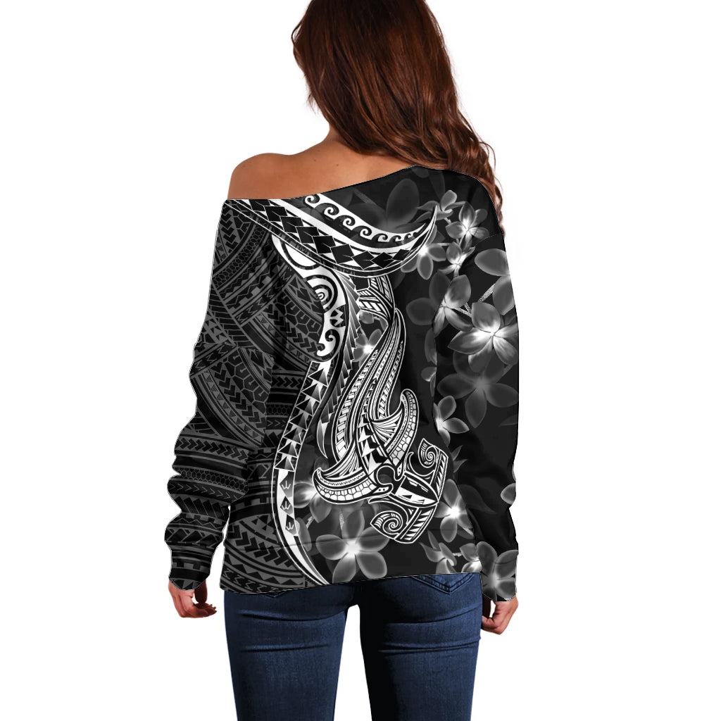 Black Polynesia Off Shoulder Sweater Shark Tattoo With Polynesian Plumeria LT14 - Polynesian Pride