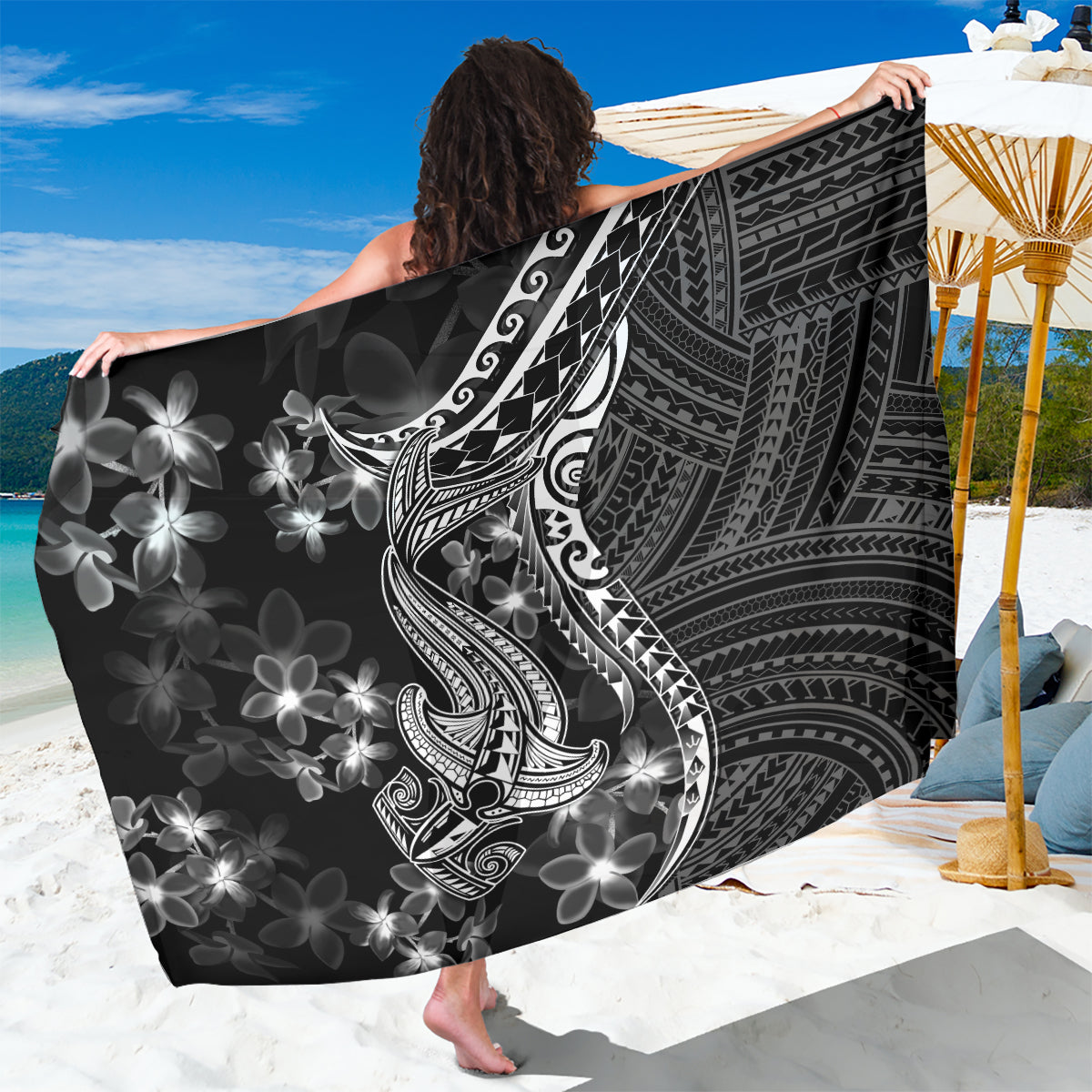 Black Polynesia Sarong Shark Tattoo With Polynesian Plumeria LT14 One Size 44 x 66 inches Black - Polynesian Pride