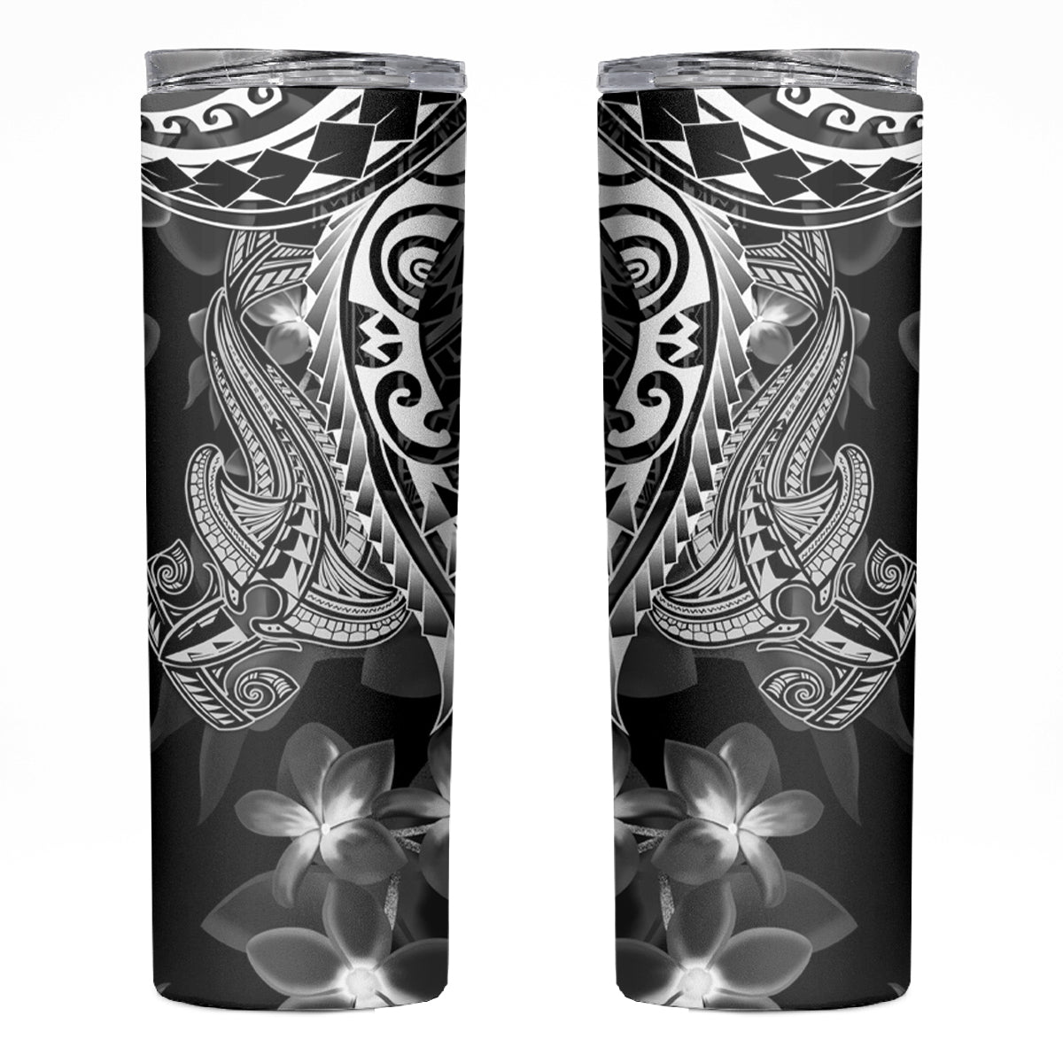 Black Polynesia Skinny Tumbler Shark Tattoo With Polynesian Plumeria