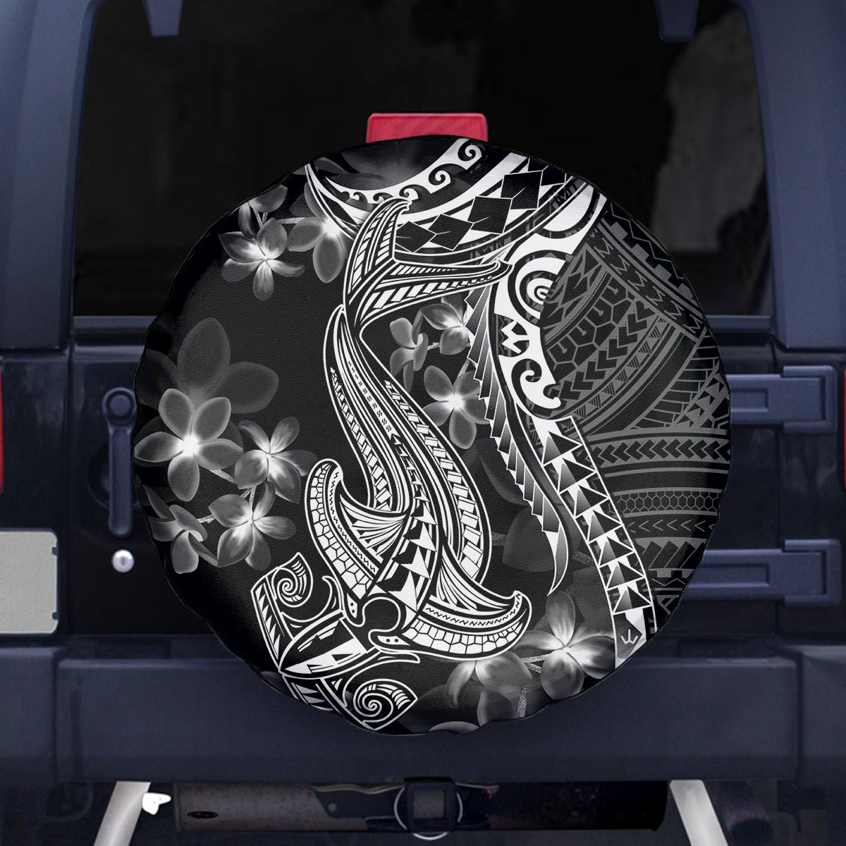 Black Polynesia Spare Tire Cover Shark Tattoo With Polynesian Plumeria LT14 Black - Polynesian Pride