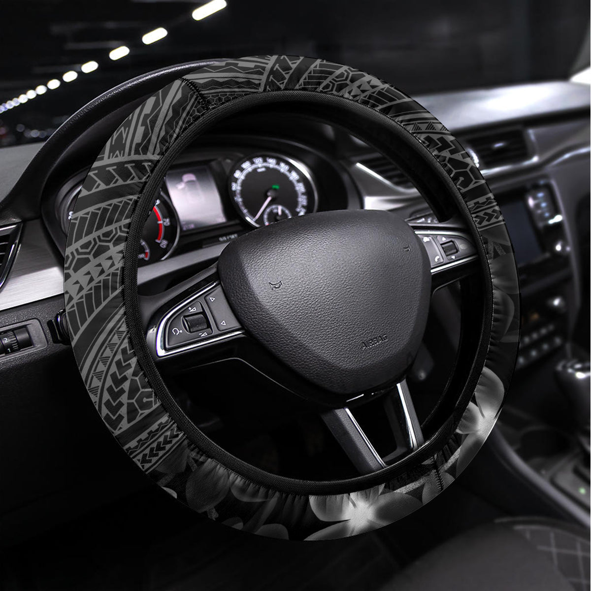 Black Polynesia Steering Wheel Cover Shark Tattoo With Polynesian Plumeria LT14 Universal Fit Black - Polynesian Pride