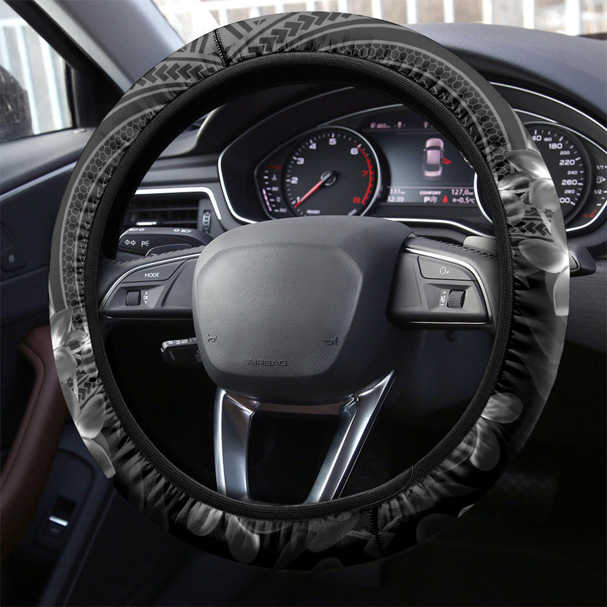 Black Polynesia Steering Wheel Cover Shark Tattoo With Polynesian Plumeria LT14 - Polynesian Pride