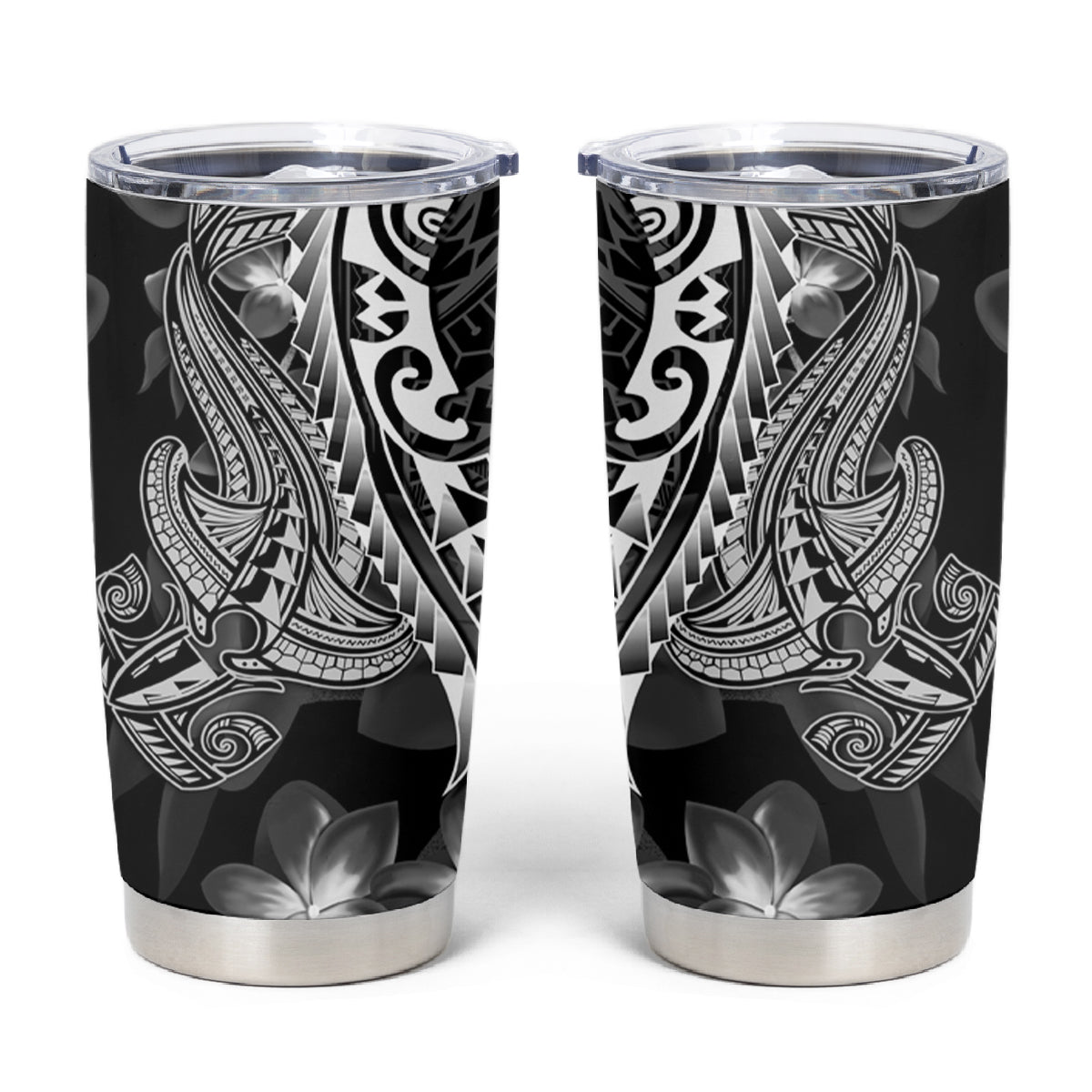 Black Polynesia Tumbler Cup Shark Tattoo With Polynesian Plumeria