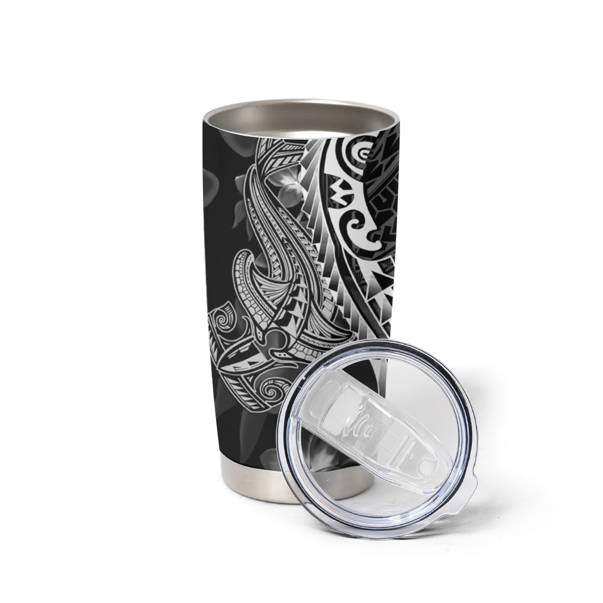 Black Polynesia Tumbler Cup Shark Tattoo With Polynesian Plumeria