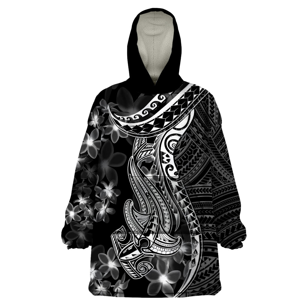 Black Polynesia Wearable Blanket Hoodie Shark Tattoo With Polynesian Plumeria LT14 One Size Black - Polynesian Pride