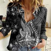 Black Polynesia Women Casual Shirt Shark Tattoo With Polynesian Plumeria LT14 Female Black - Polynesian Pride