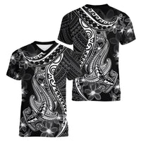 Black Polynesia Women V Neck T Shirt Shark Tattoo With Polynesian Plumeria LT14 - Polynesian Pride