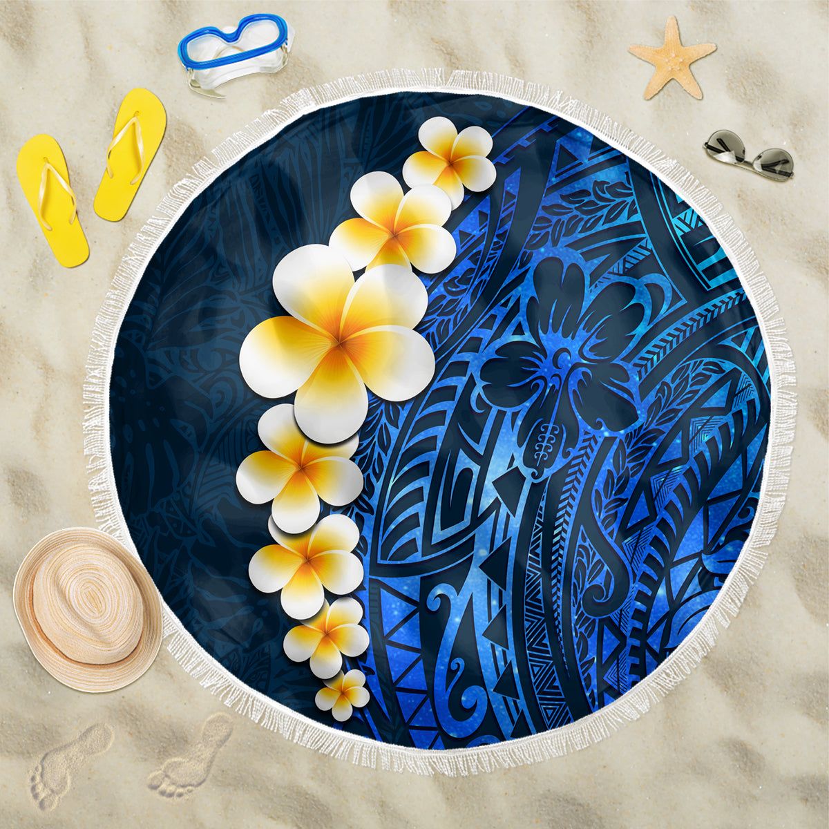 Blue Polynesia Beach Blanket Plumeria Tropical Leaves With Galaxy Polynesian Art LT14 One Size 150cm Blue - Polynesian Pride