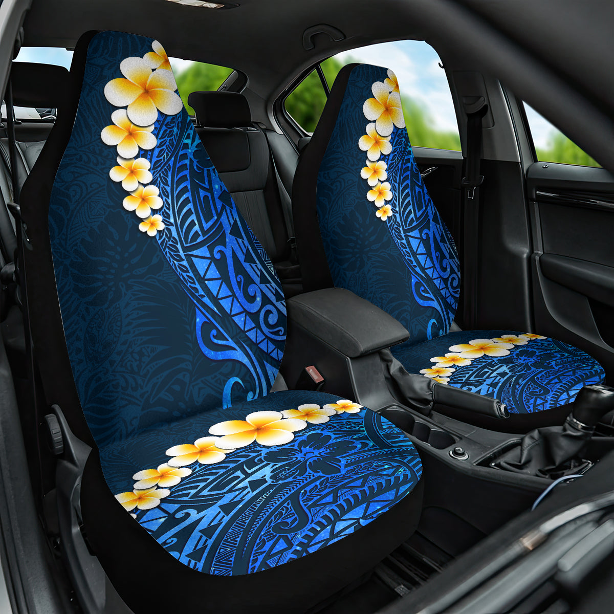 Blue Polynesia Car Seat Cover Plumeria Tropical Leaves With Galaxy Polynesian Art LT14 One Size Blue - Polynesian Pride