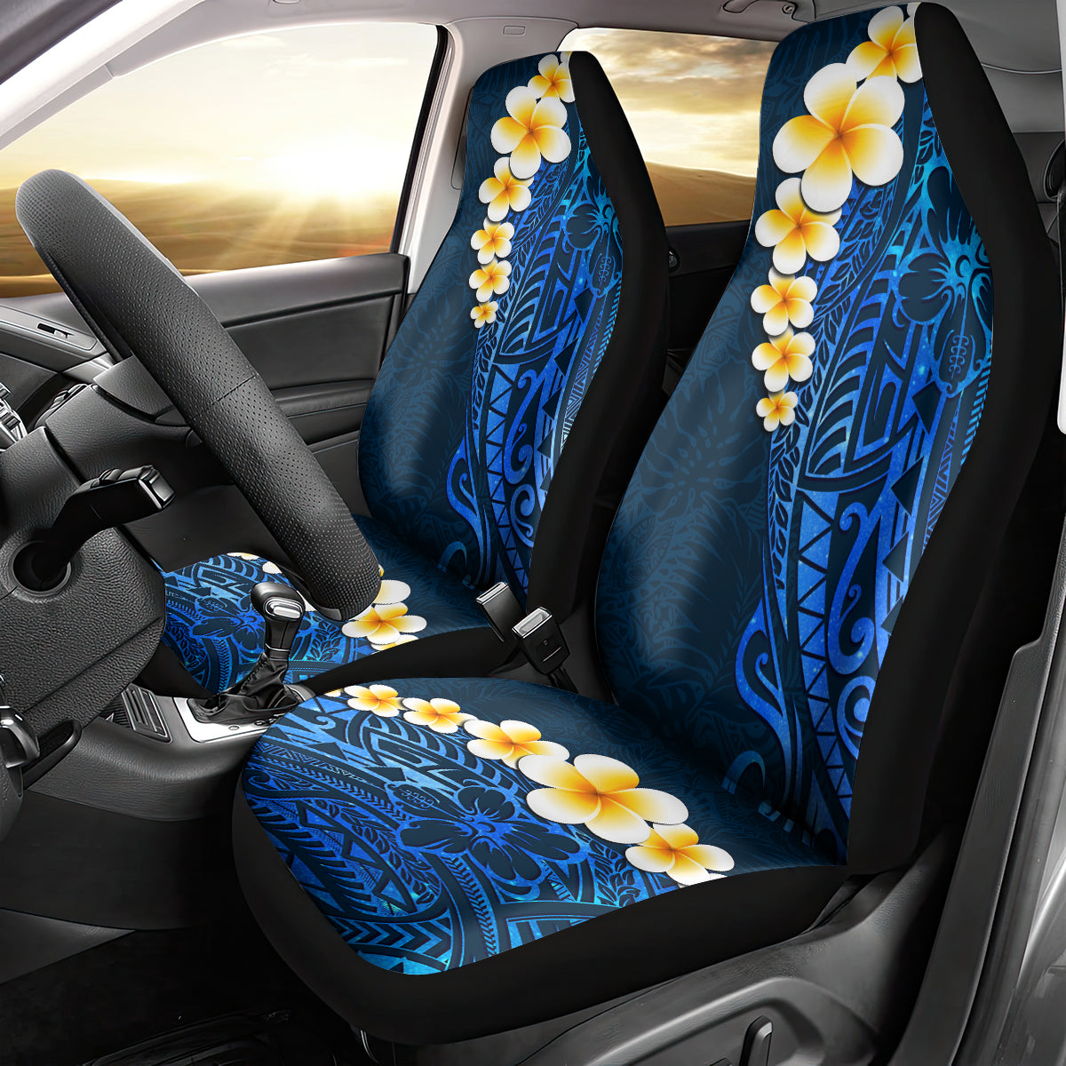 Blue Polynesia Car Seat Cover Plumeria Tropical Leaves With Galaxy Polynesian Art LT14 - Polynesian Pride