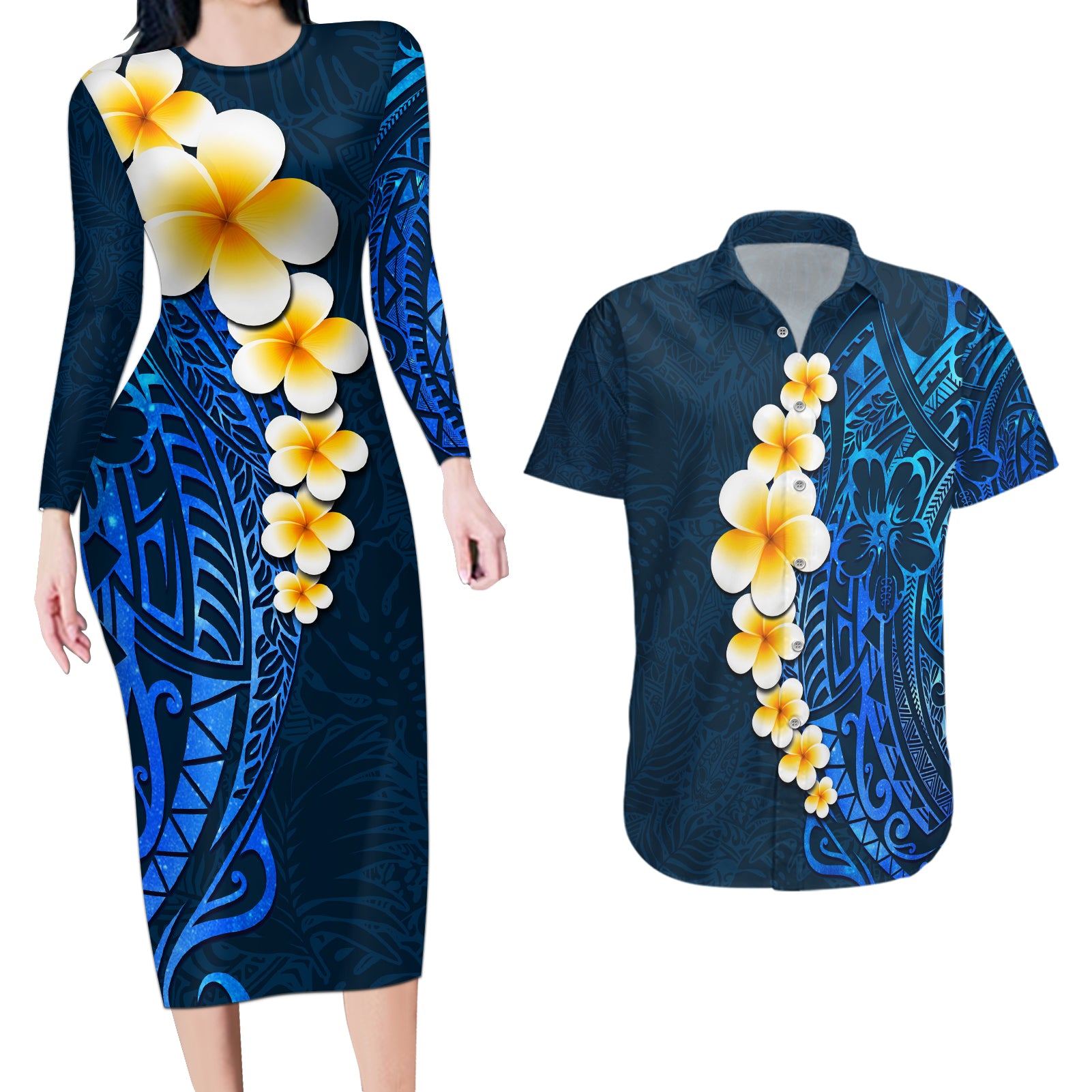 Blue Polynesia Couples Matching Long Sleeve Bodycon Dress and Hawaiian Shirt Plumeria Tropical Leaves With Galaxy Polynesian Art LT14 Blue - Polynesian Pride