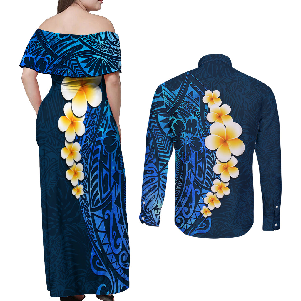 Blue Polynesia Couples Matching Off Shoulder Maxi Dress and Long Sleeve Button Shirt Plumeria Tropical Leaves With Galaxy Polynesian Art LT14 - Polynesian Pride