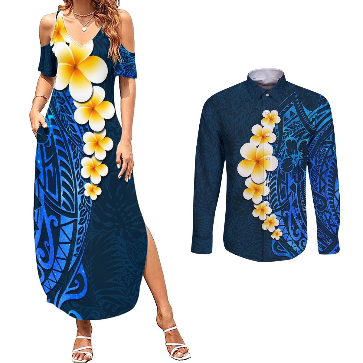 Blue Polynesia Couples Matching Summer Maxi Dress and Long Sleeve Button Shirt Plumeria Tropical Leaves With Galaxy Polynesian Art LT14 Blue - Polynesian Pride