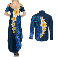 Blue Polynesia Couples Matching Summer Maxi Dress and Long Sleeve Button Shirt Plumeria Tropical Leaves With Galaxy Polynesian Art LT14 - Polynesian Pride