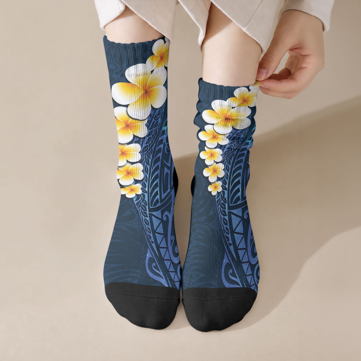 Blue Tropical Plumeria With Galaxy Polynesian Art Crew Socks