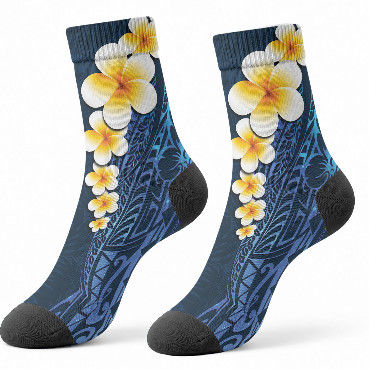 Blue Tropical Plumeria With Galaxy Polynesian Art Crew Socks LT14 - Polynesian Pride