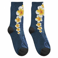 Blue Tropical Plumeria With Galaxy Polynesian Art Crew Socks LT14 - Polynesian Pride