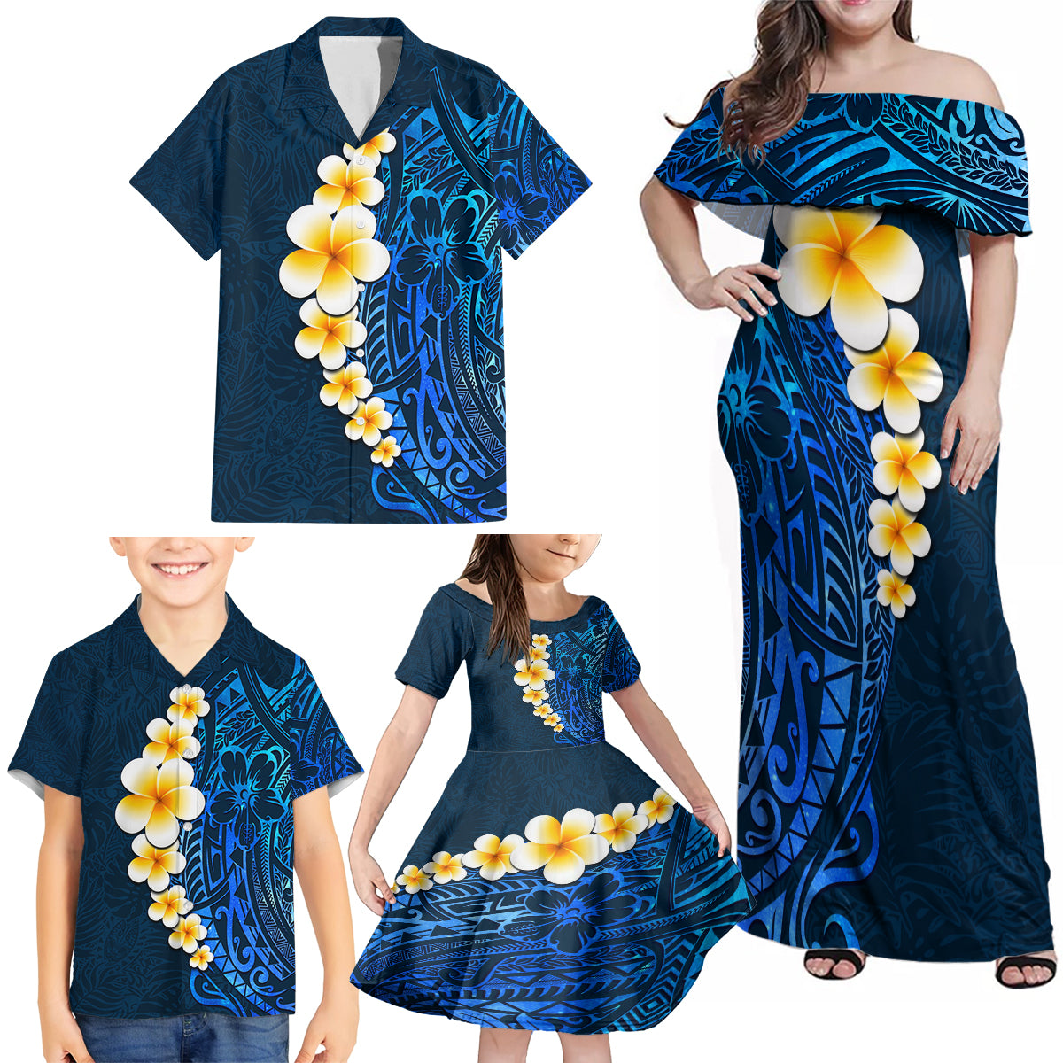 Blue Polynesia Family Matching Off Shoulder Maxi Dress and Hawaiian Shirt Plumeria Tropical Leaves With Galaxy Polynesian Art LT14 - Polynesian Pride