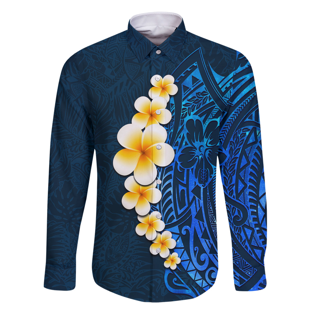 Blue Polynesia Family Matching Off Shoulder Short Dress and Hawaiian Shirt Plumeria Tropical Leaves With Galaxy Polynesian Art LT14 Dad's Shirt - Long Sleeve Blue - Polynesian Pride