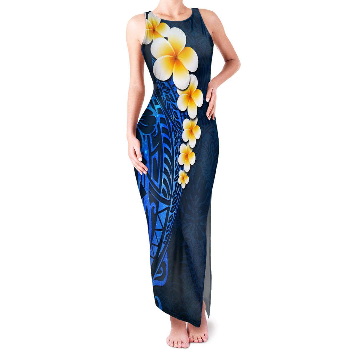 Blue Polynesia Family Matching Tank Maxi Dress and Hawaiian Shirt Plumeria Tropical Leaves With Galaxy Polynesian Art LT14 Mom's Dress Blue - Polynesian Pride