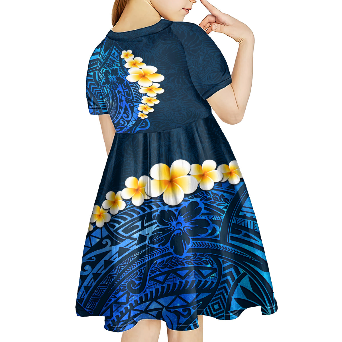 Blue Polynesia Kid Short Sleeve Dress Plumeria Tropical Leaves With Galaxy Polynesian Art LT14 - Polynesian Pride