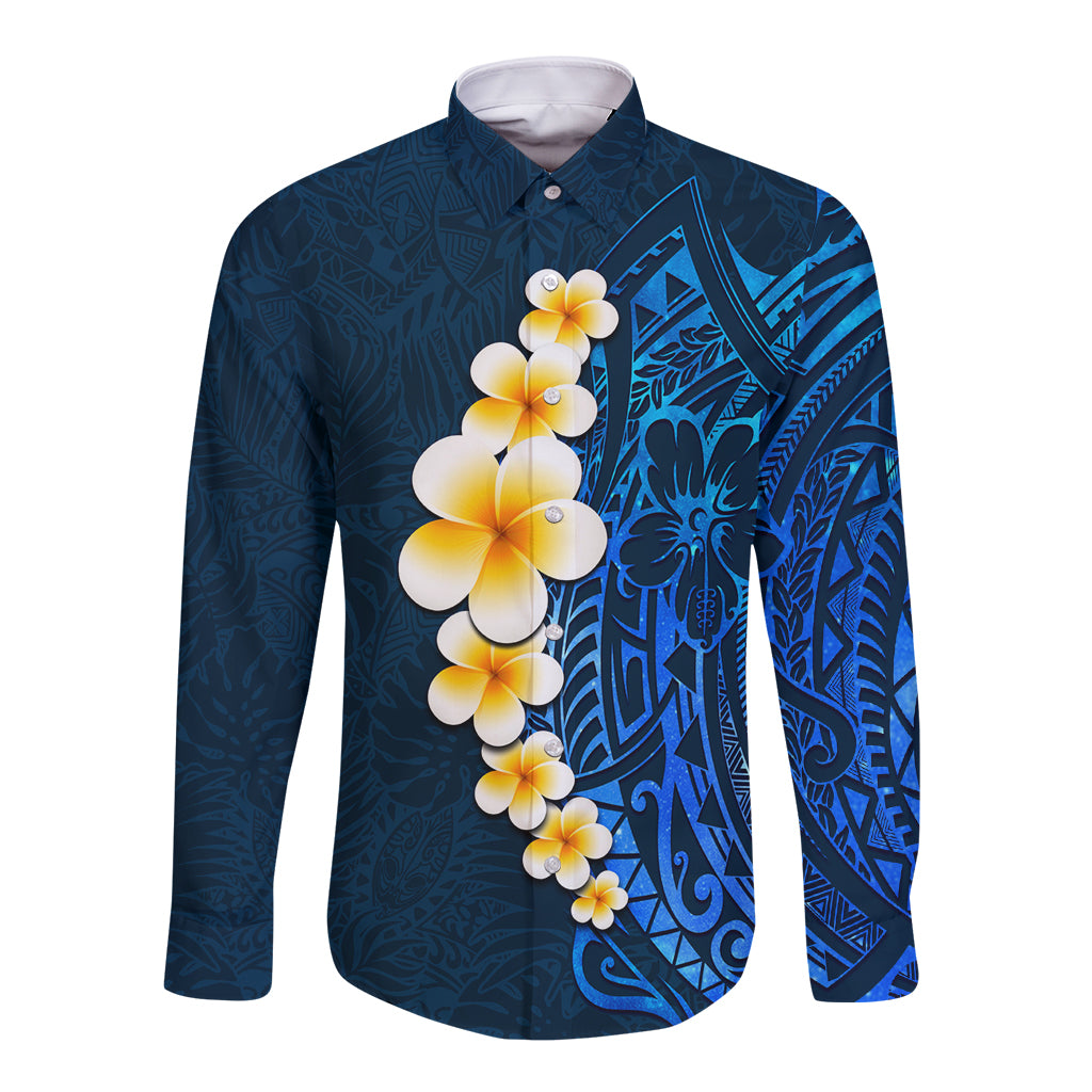 Blue Polynesia Long Sleeve Button Shirt Plumeria Tropical Leaves With Galaxy Polynesian Art LT14 Unisex Blue - Polynesian Pride