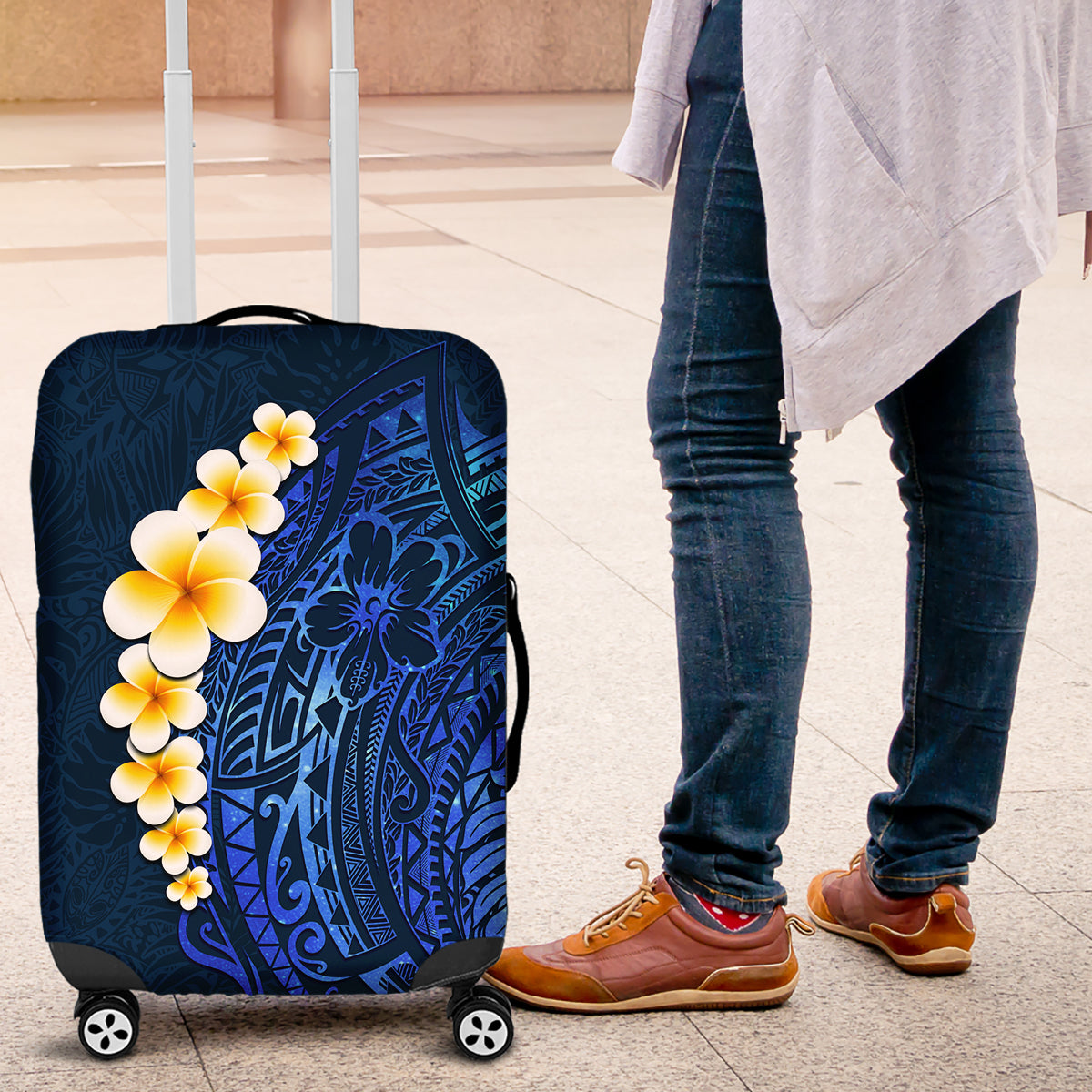 Blue Polynesia Luggage Cover Plumeria Tropical Leaves With Galaxy Polynesian Art LT14 Blue - Polynesian Pride