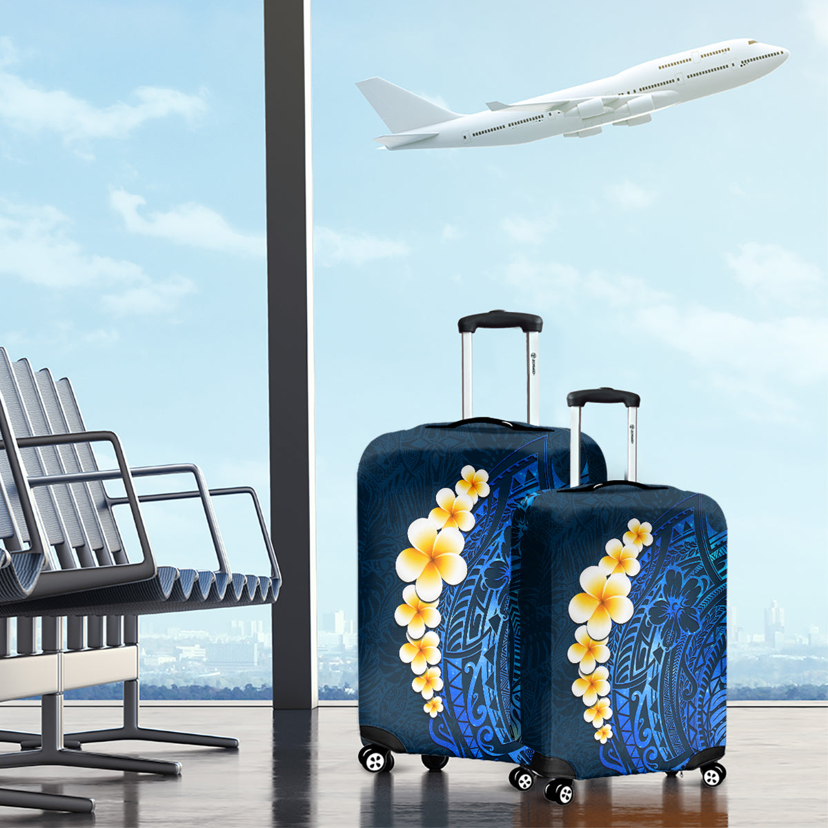 Blue Polynesia Luggage Cover Plumeria Tropical Leaves With Galaxy Polynesian Art LT14 - Polynesian Pride