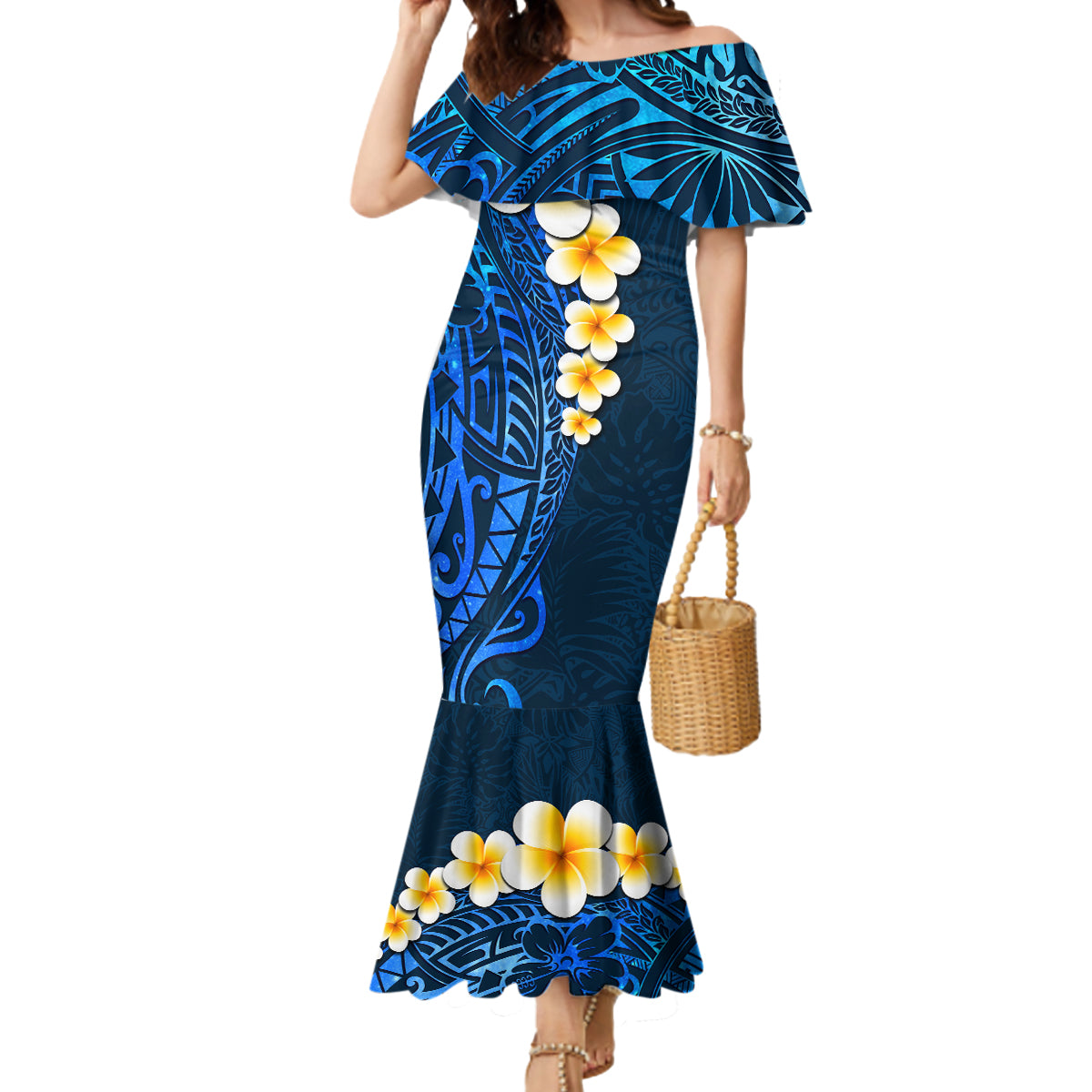 Blue Polynesia Mermaid Dress Plumeria Tropical Leaves With Galaxy Polynesian Art LT14 Women Blue - Polynesian Pride